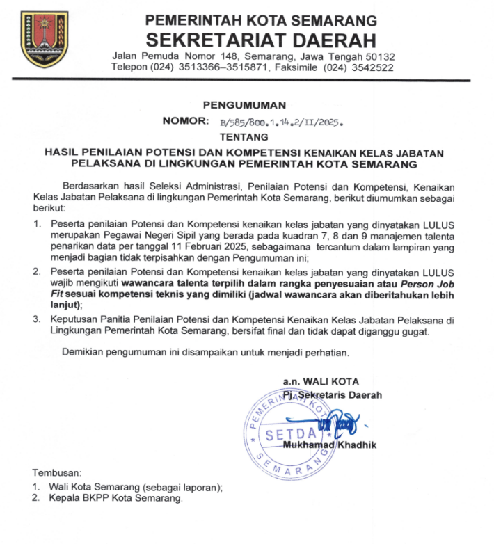 Hasil Penilaian Potensi dan Kompetensi Kenaikan Kelas Jabatan Pelaksana di Lingkungan Pemerintah Kota Semarang